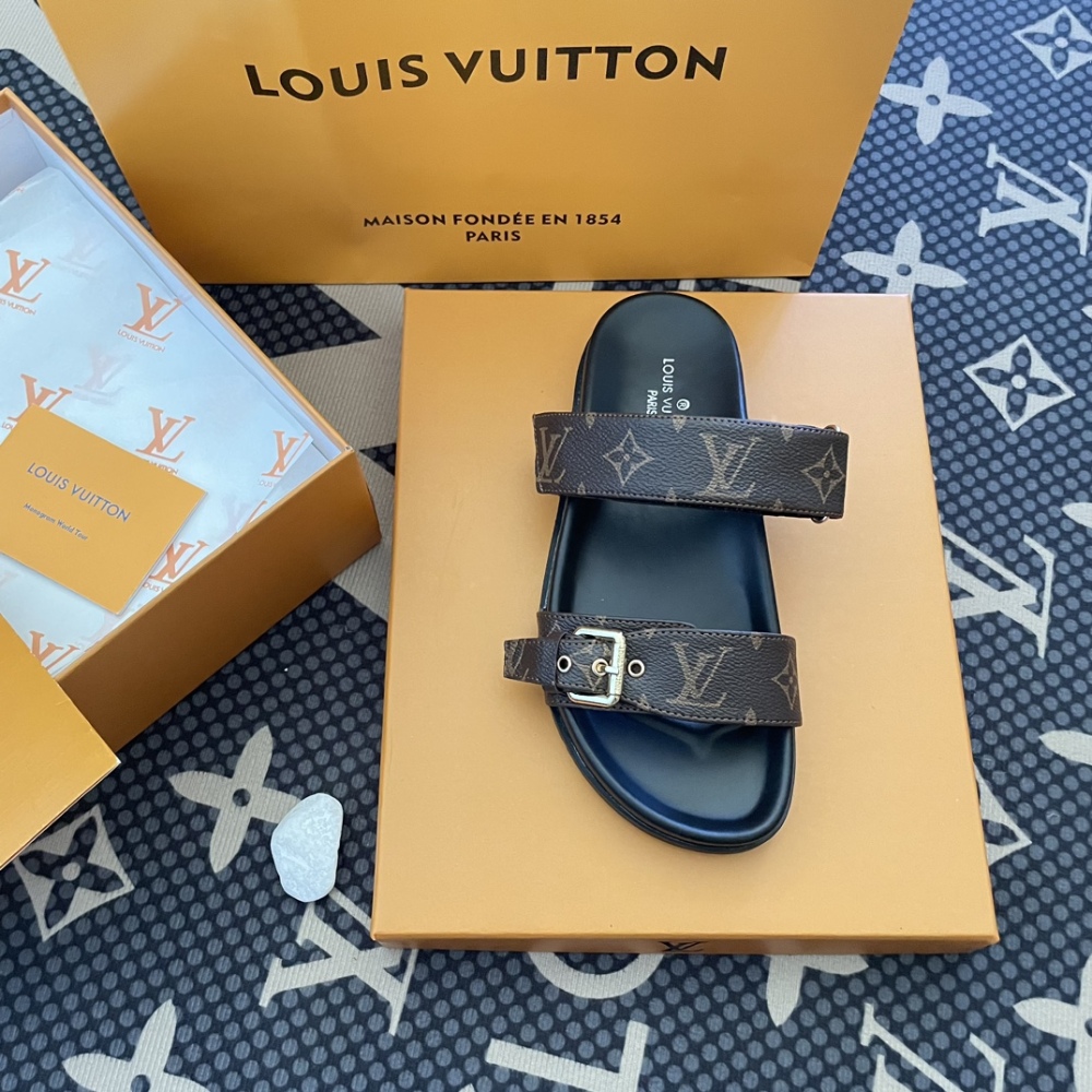 LV Designer Fashion New Style Casual Women's Slippers Leather Flat Thick Shoes Summer Beach Slippers