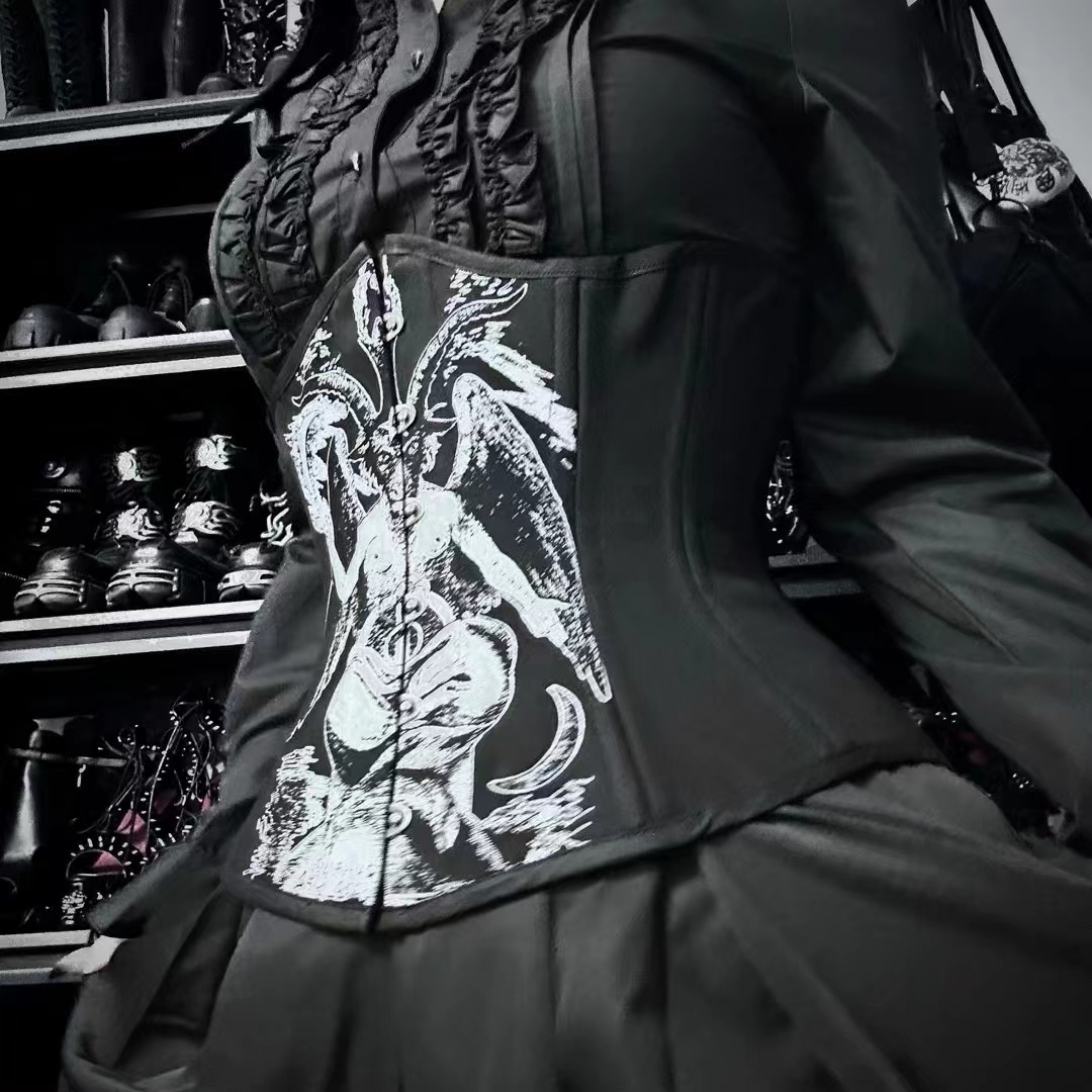 IOCave Gothic Baphomet Satan Spiral steel Bones Lace Up Under bust Corset