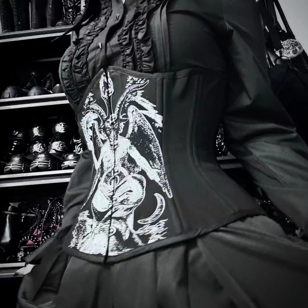 IOCave Gothic Baphomet Satan Spiral steel Bones Lace Up Under bust Corset