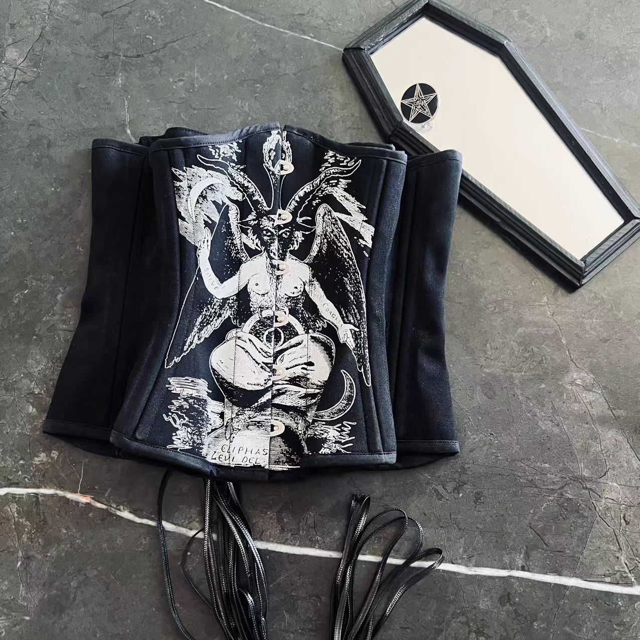 IOCave Gothic Baphomet Satan Spiral steel Bones Lace Up Under bust Corset