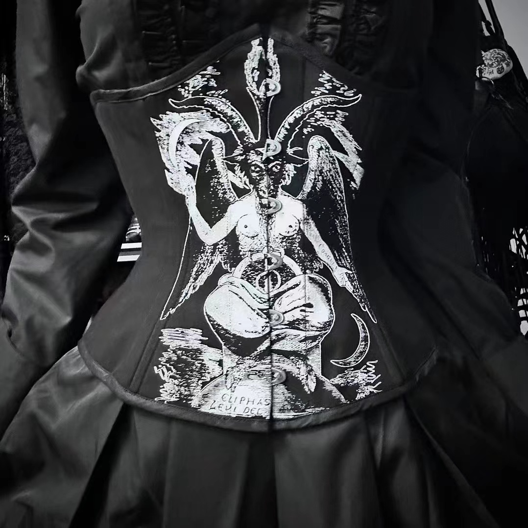 IOCave Gothic Baphomet Satan Spiral steel Bones Lace Up Under bust Corset