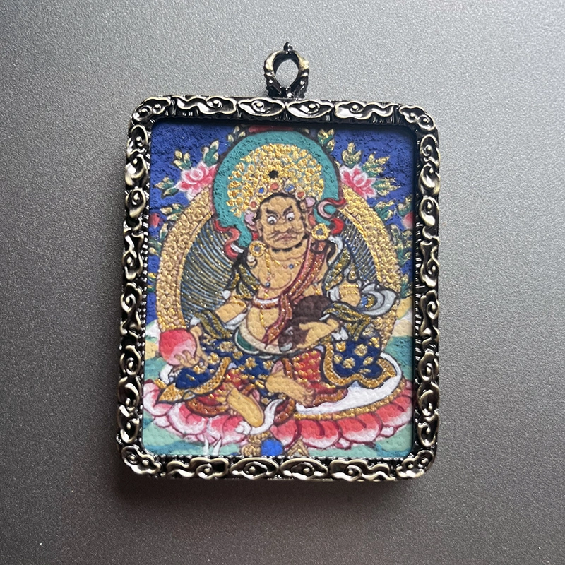 Auspicious Thangka Tibetan Artist Hand-painted Gawu Box Necklace Yellow Jambhala