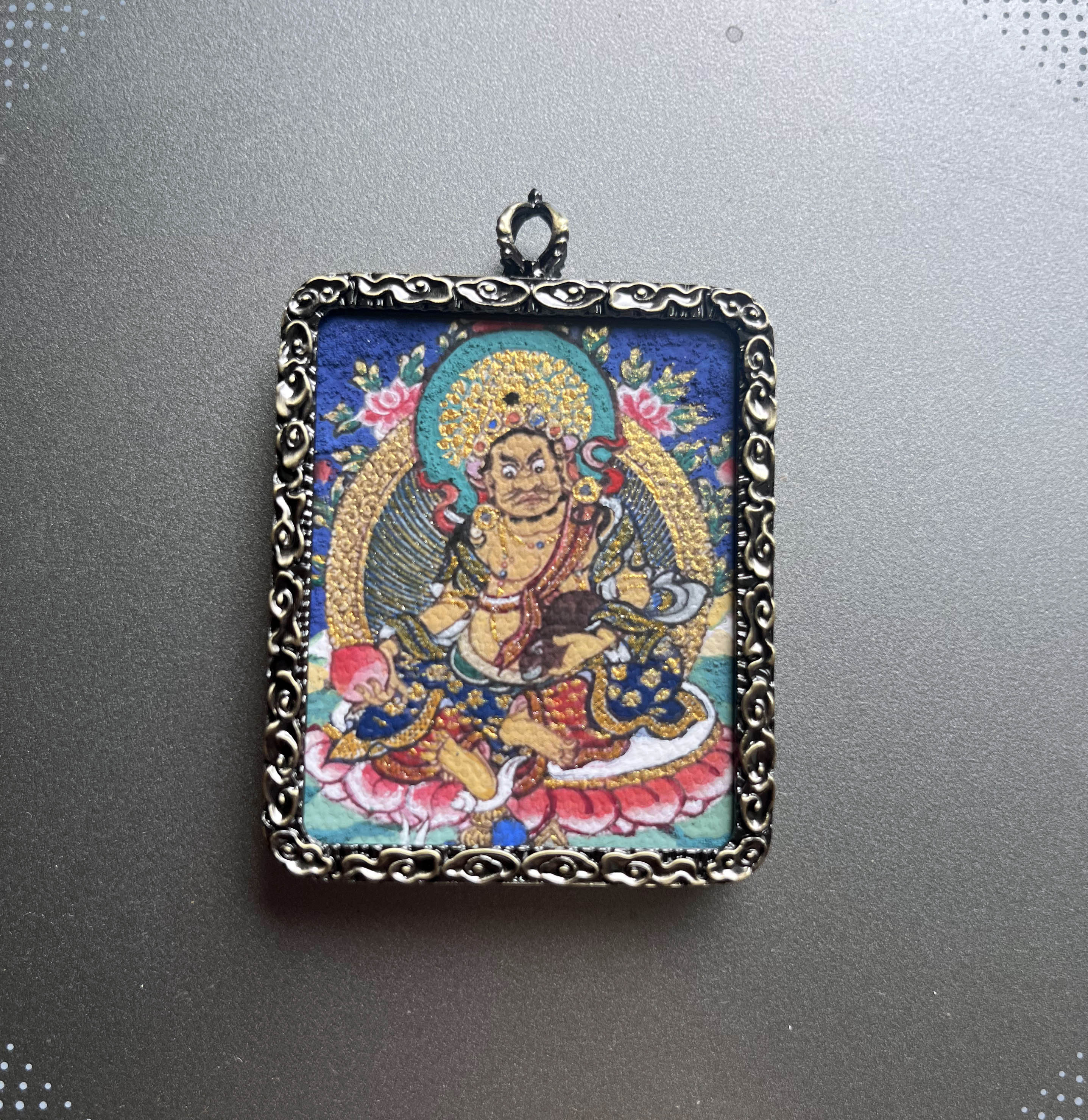 Auspicious Thangka Tibetan Artist Hand-painted Gawu Box Necklace Yellow Jambhala