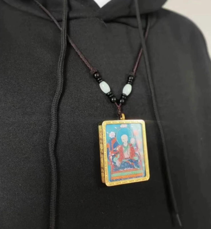 Auspicious Thangka Tibetan Artist Hand-painted Gawu Box Necklace Yellow Jambhala