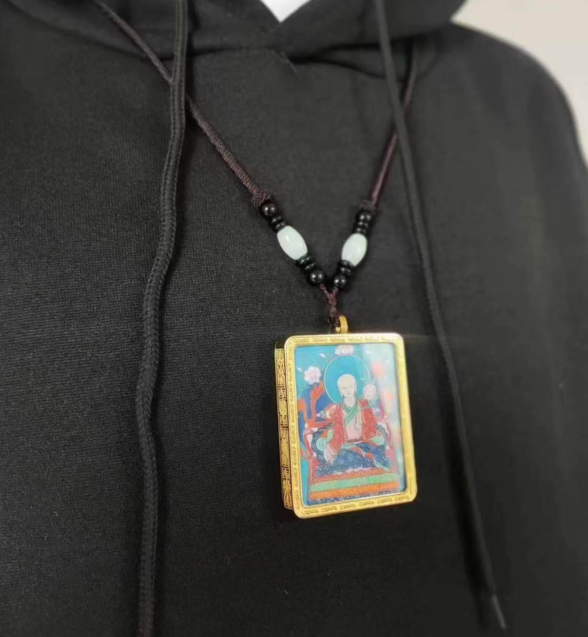 Auspicious Thangka Tibetan Artist Hand-painted Gawu Box Necklace Yellow Jambhala