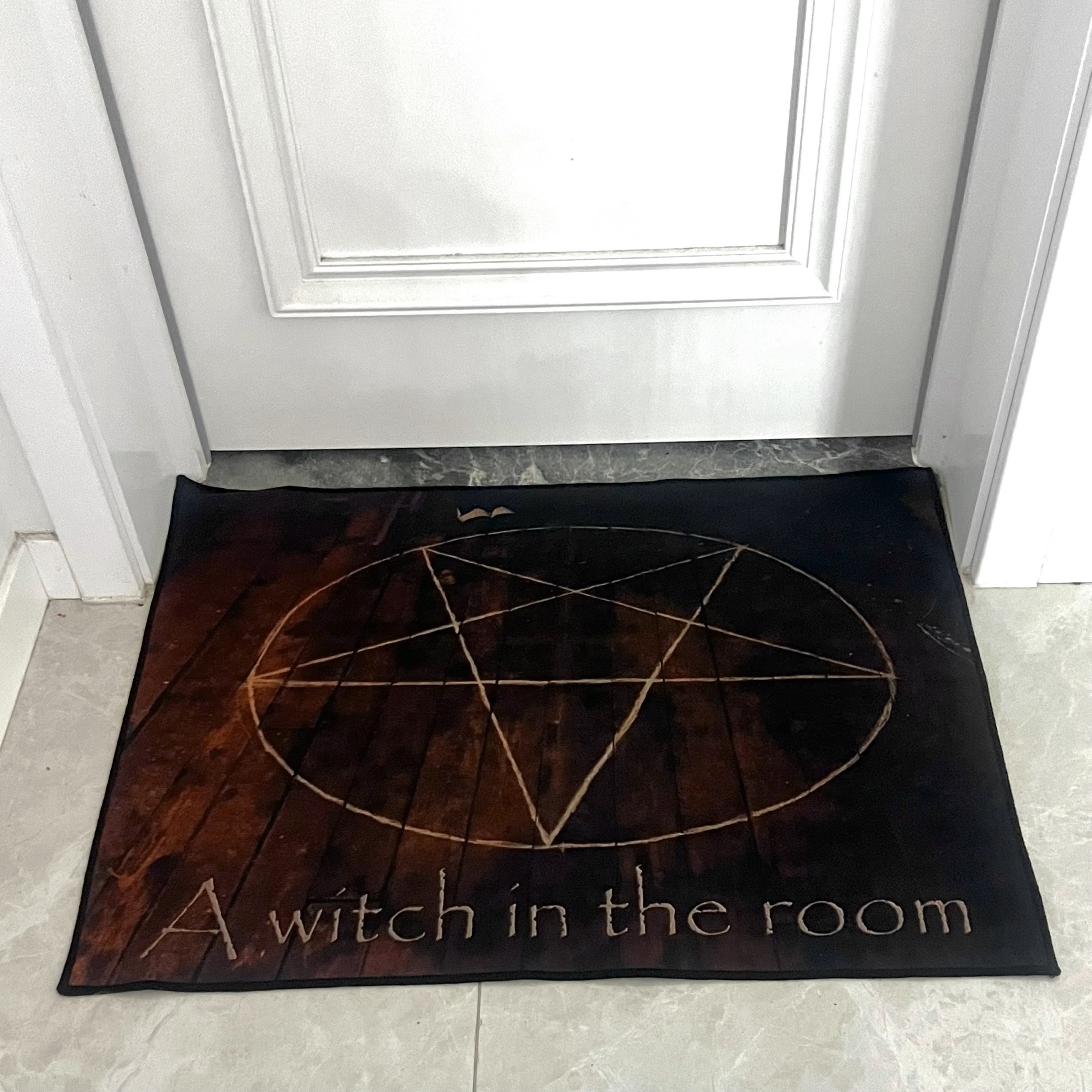 Gothic Witch Doormat – “A Witch in the Room” Pentagram Welcome Mat Rug