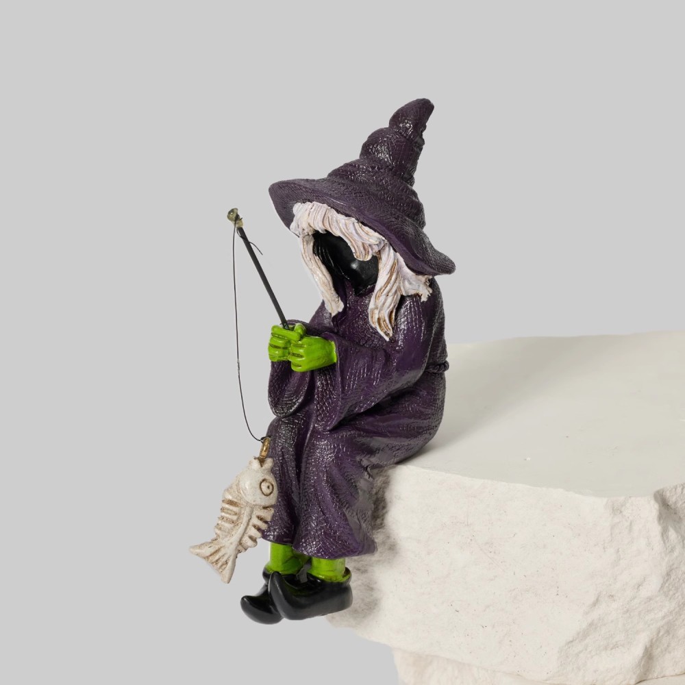 Bored Witch Fishing Figurine – Gothic Witchy Shelf Sitter with Skeleton Fish