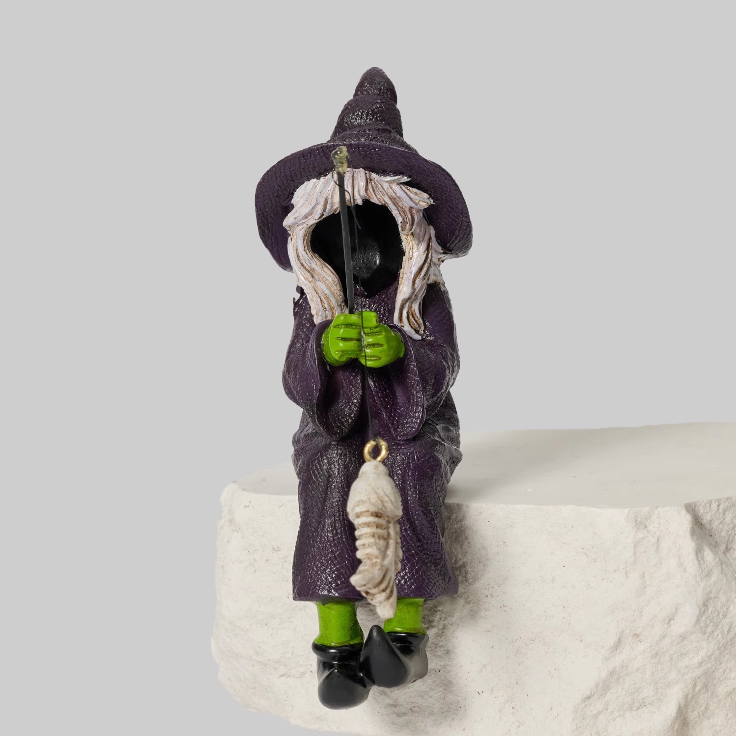 Bored Witch Fishing Figurine – Gothic Witchy Shelf Sitter with Skeleton Fish