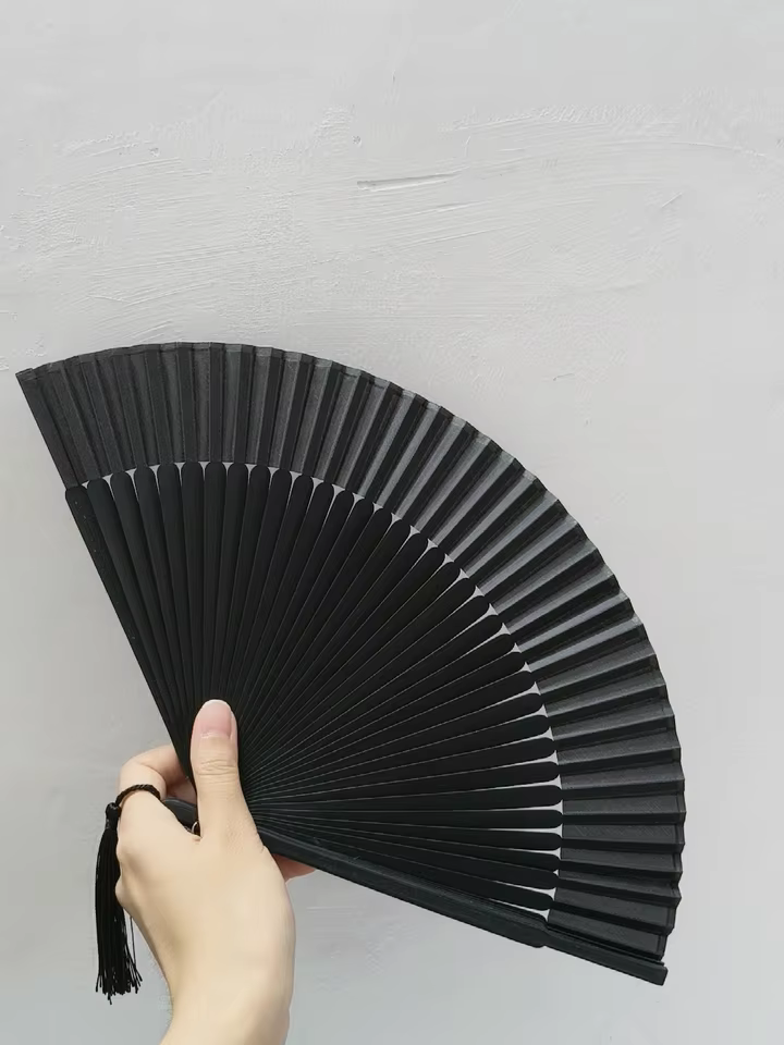 Gothic Black Folding Hand Fan – Dark Aesthetic Fan with Tassel for Cosplay or Summer