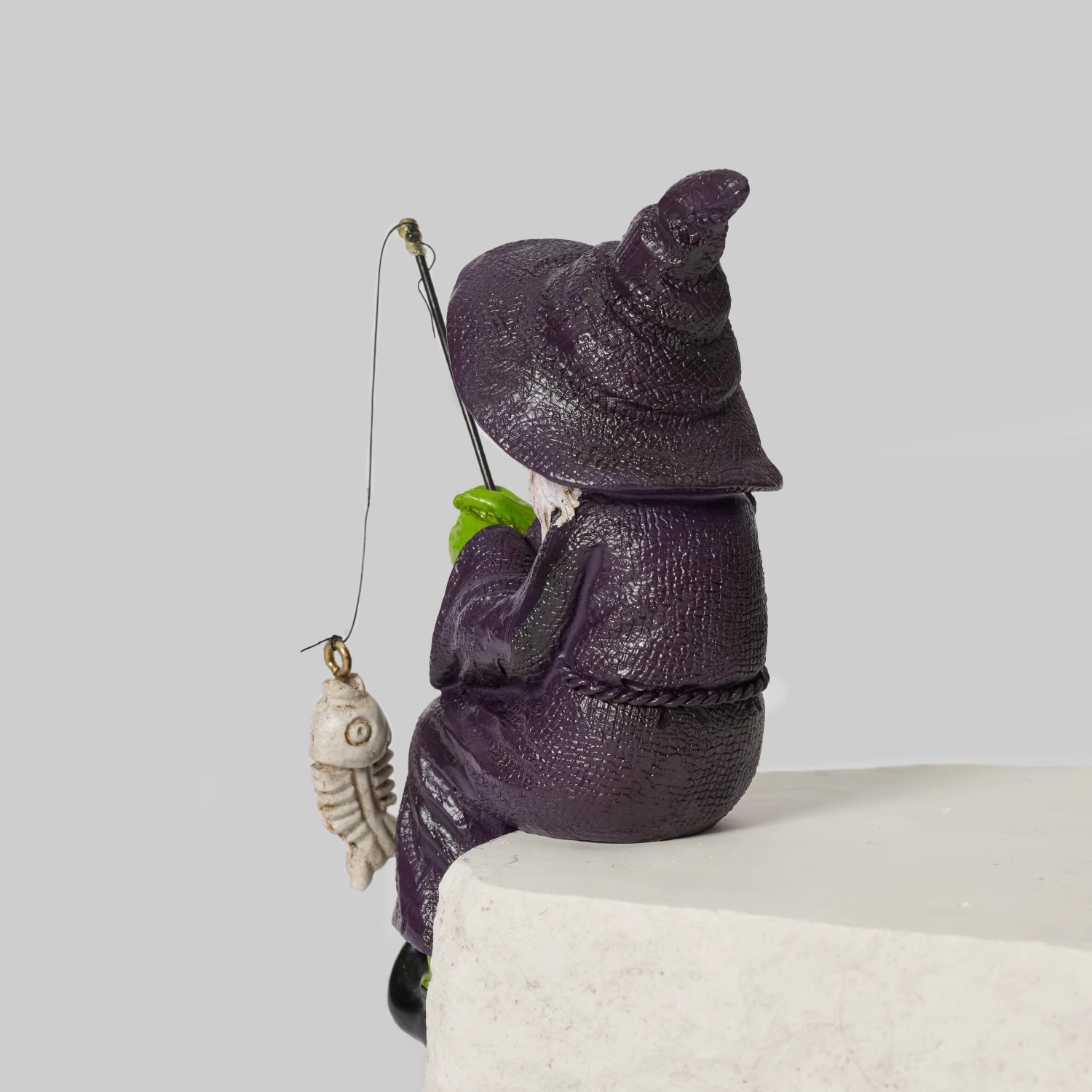 Bored Witch Fishing Figurine – Gothic Witchy Shelf Sitter with Skeleton Fish