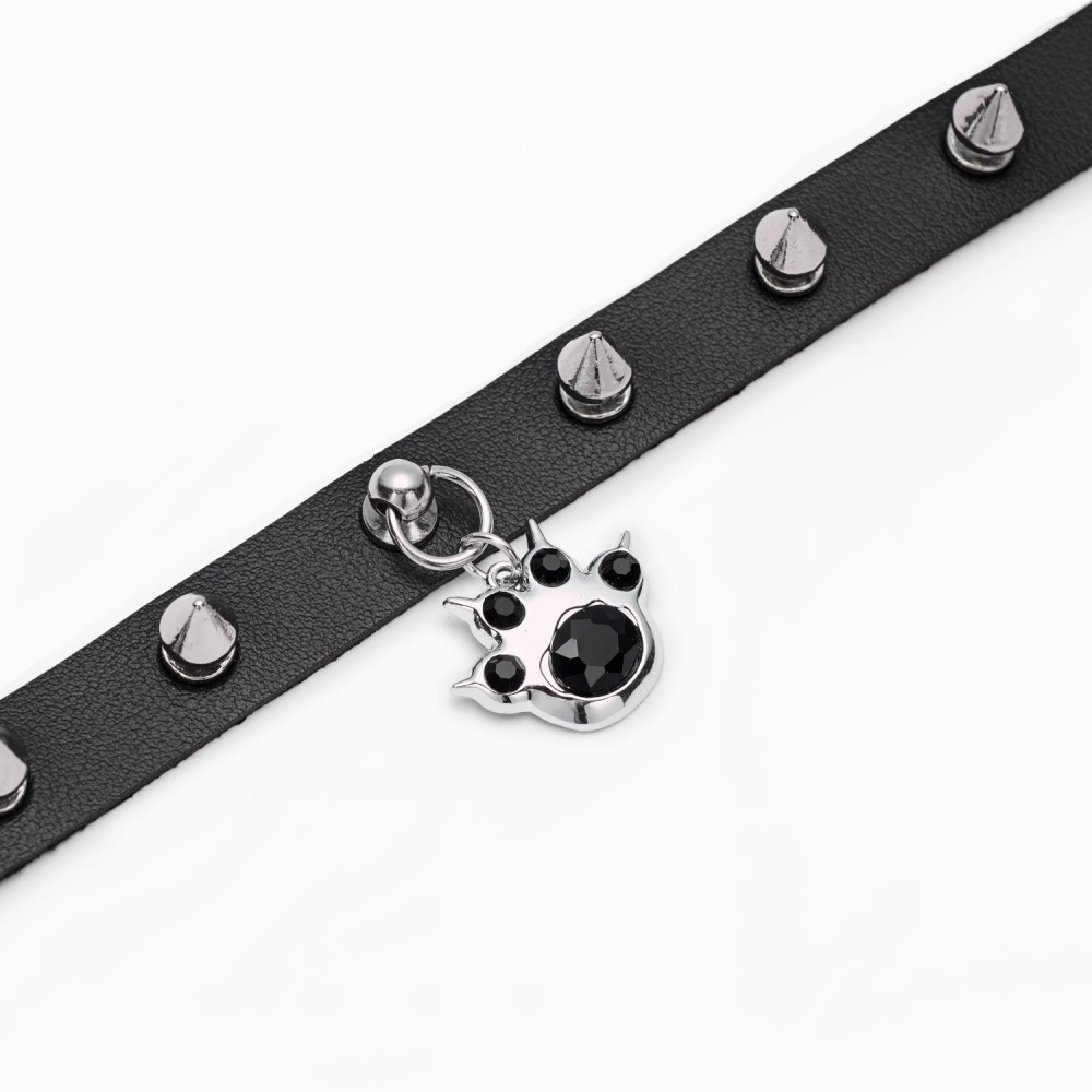 Gothic PU Leather Spike Choker with Cat Paw Charm – Punk Alt Collar Necklace