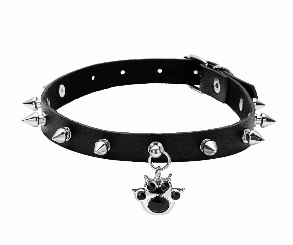 Gothic PU Leather Spike Choker with Cat Paw Charm – Punk Alt Collar Necklace