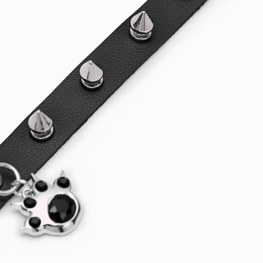 Gothic PU Leather Spike Choker with Cat Paw Charm – Punk Alt Collar Necklace