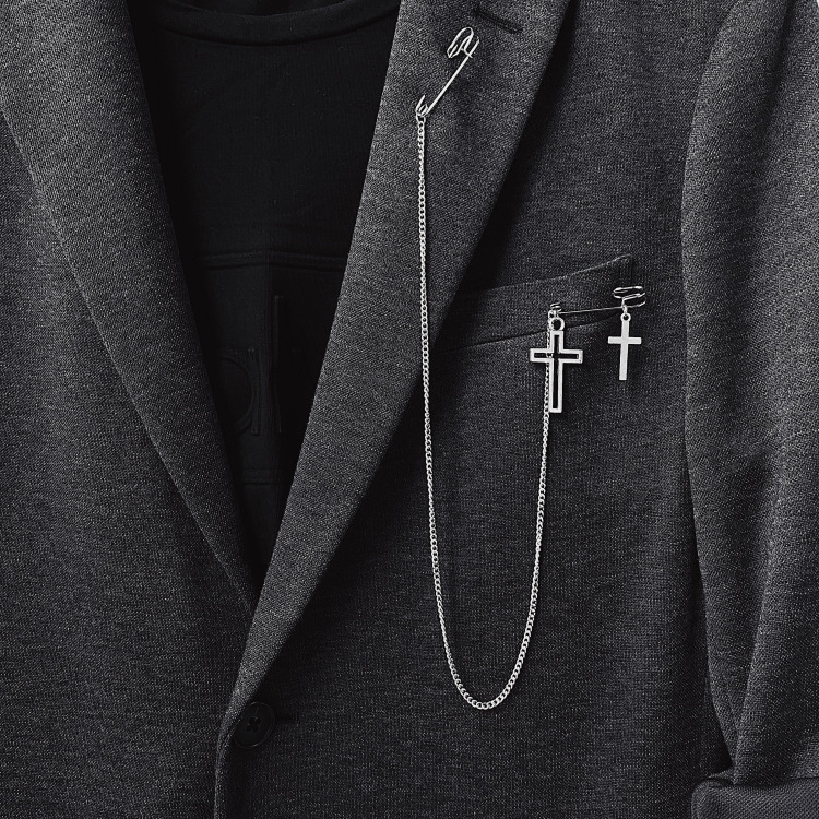 Gothic Cross Safety Pin Chain Brooch – Punk Metal Lapel Pin for Jackets & Blazers