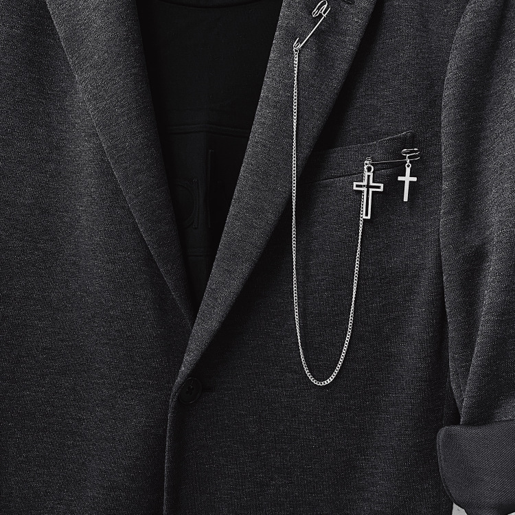 Gothic Cross Safety Pin Chain Brooch – Punk Metal Lapel Pin for Jackets & Blazers