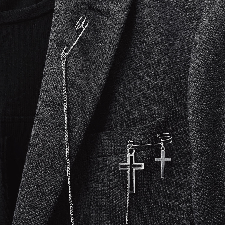 Gothic Cross Safety Pin Chain Brooch – Punk Metal Lapel Pin for Jackets & Blazers