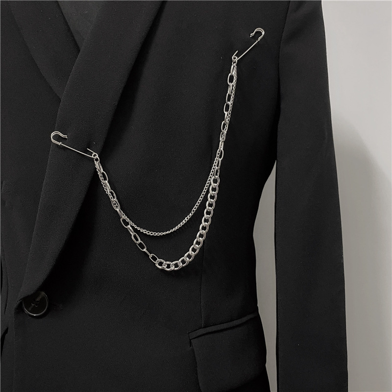 Gothic Double Chain Safety Pin Brooch – Punk Y2K Silver Lapel Accessory