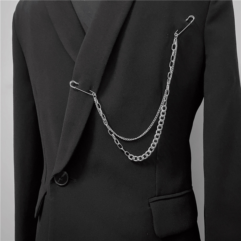 Gothic Double Chain Safety Pin Brooch – Punk Y2K Silver Lapel Accessory