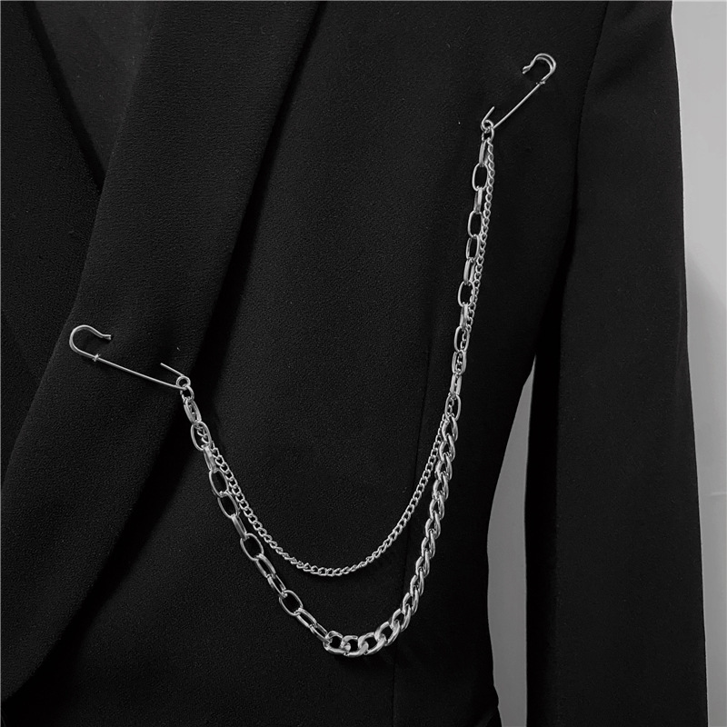 Gothic Double Chain Safety Pin Brooch – Punk Y2K Silver Lapel Accessory