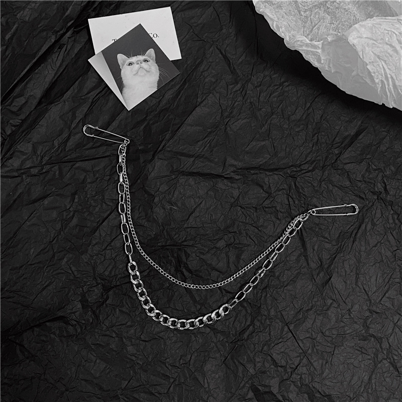 Gothic Double Chain Safety Pin Brooch – Punk Y2K Silver Lapel Accessory