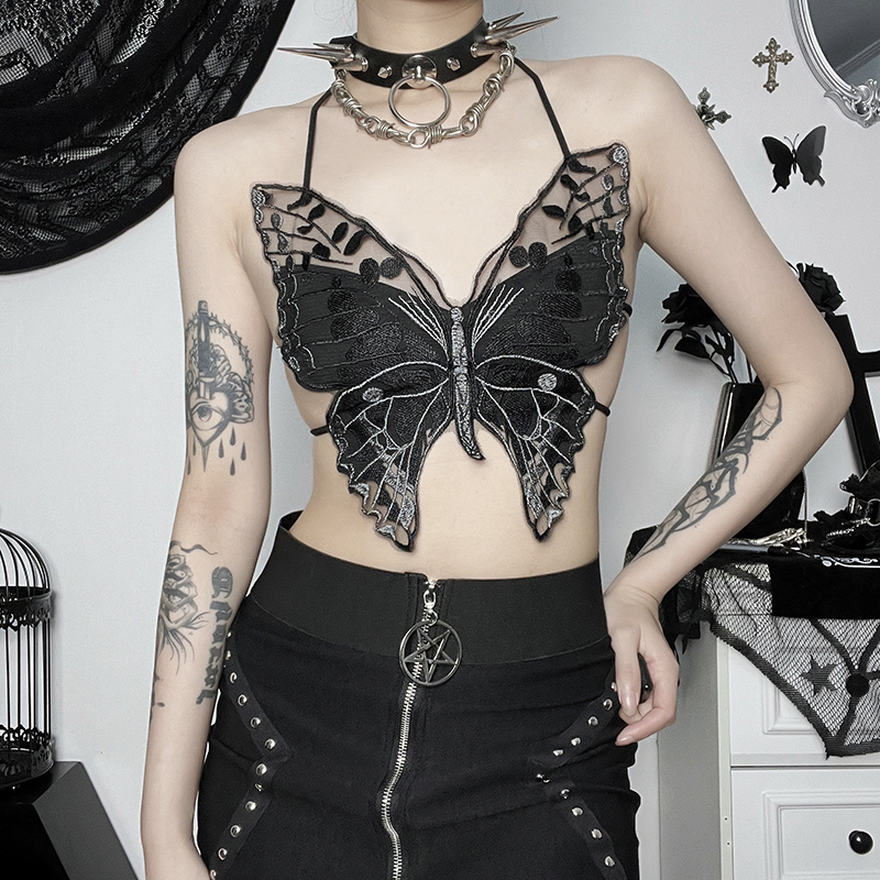 othic Butterfly Embroidered Crop Top – Strappy Backless Camisole
