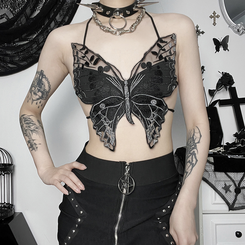 othic Butterfly Embroidered Crop Top – Strappy Backless Camisole