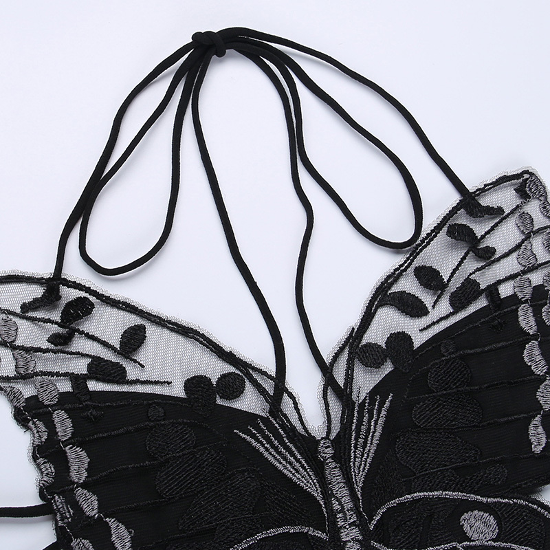 othic Butterfly Embroidered Crop Top – Strappy Backless Camisole