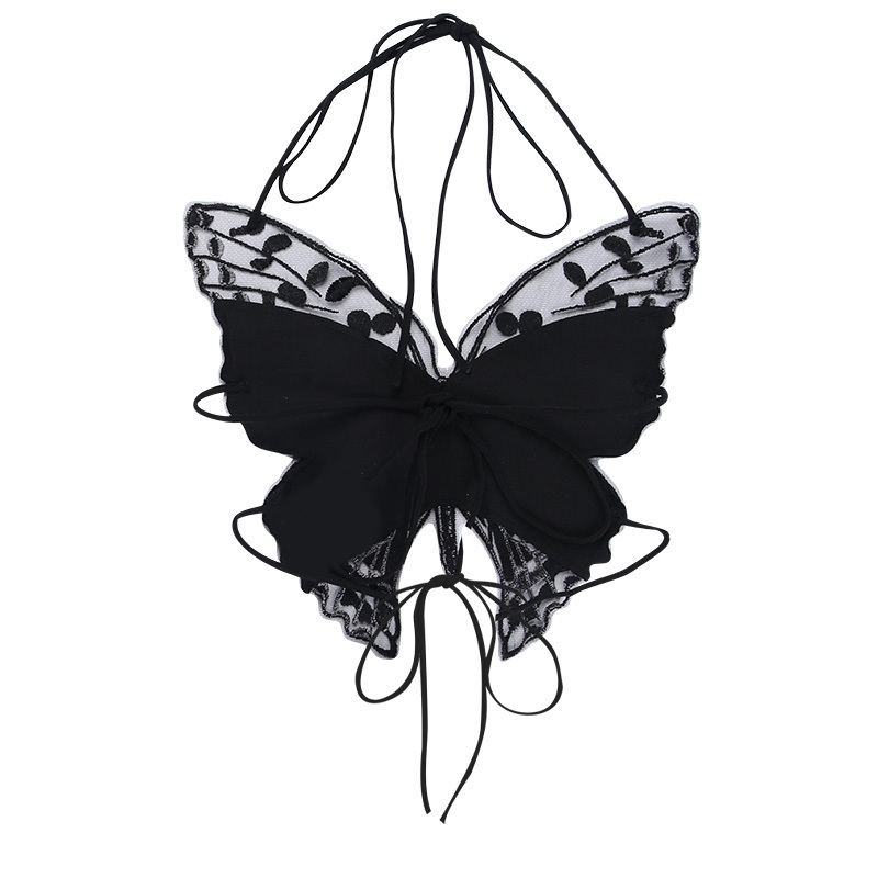 othic Butterfly Embroidered Crop Top – Strappy Backless Camisole