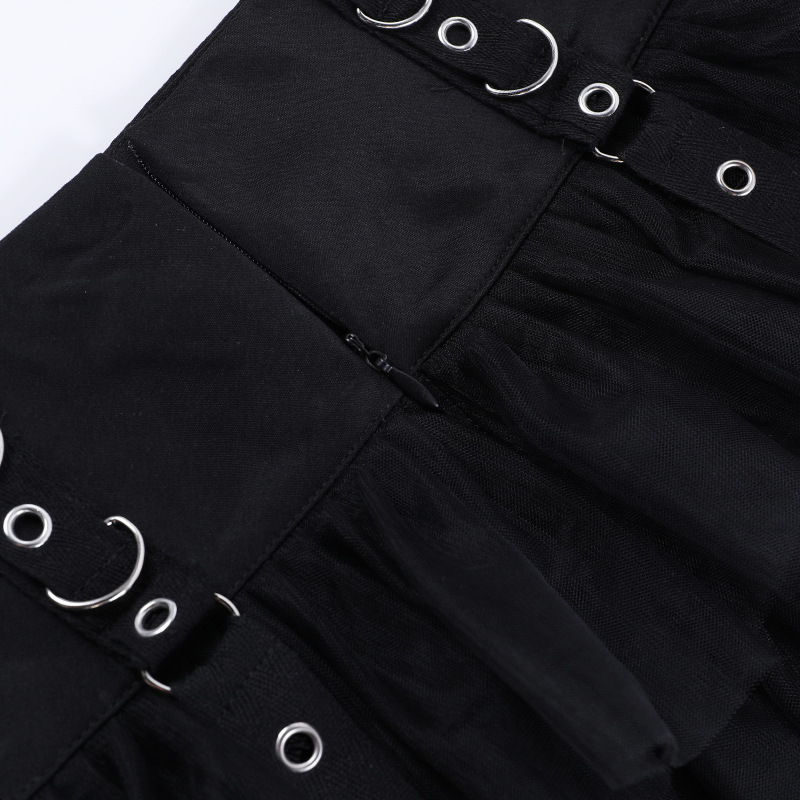 Gothic Punk Layered Tulle Mini Skirt with Studded Straps and Double Buckle Waist – Dark Aesthetic Black Ruffle Skirt for Women, Harajuku Emo Y2K Style