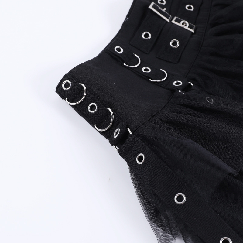 Gothic Punk Layered Tulle Mini Skirt with Studded Straps and Double Buckle Waist – Dark Aesthetic Black Ruffle Skirt for Women, Harajuku Emo Y2K Style