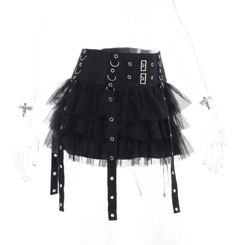 Gothic Punk Layered Tulle Mini Skirt with Studded Straps and Double Buckle Waist – Dark Aesthetic Black Ruffle Skirt for Women, Harajuku Emo Y2K Style