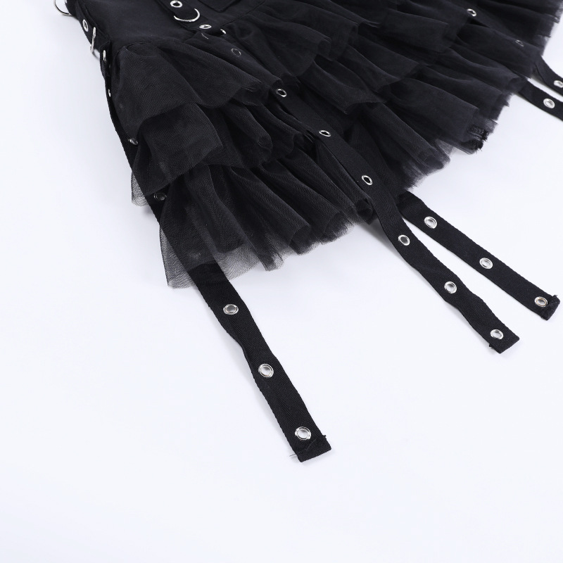 Gothic Punk Layered Tulle Mini Skirt with Studded Straps and Double Buckle Waist – Dark Aesthetic Black Ruffle Skirt for Women, Harajuku Emo Y2K Style