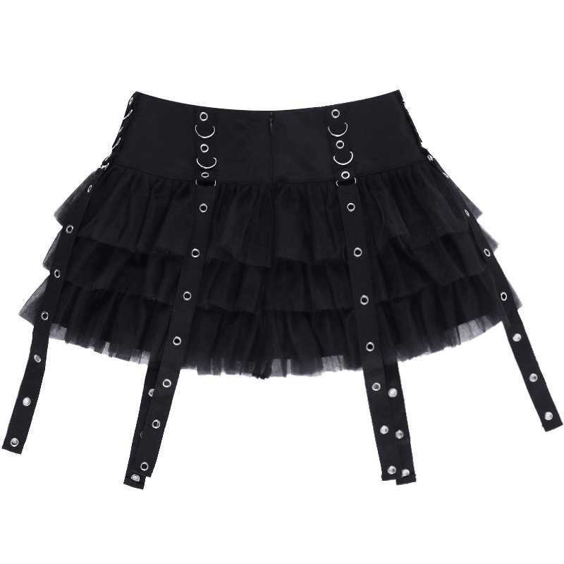 Gothic Punk Layered Tulle Mini Skirt with Studded Straps and Double Buckle Waist – Dark Aesthetic Black Ruffle Skirt for Women, Harajuku Emo Y2K Style