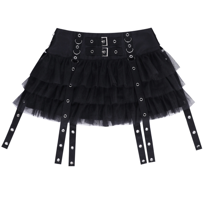 Gothic Punk Layered Tulle Mini Skirt with Studded Straps and Double Buckle Waist – Dark Aesthetic Black Ruffle Skirt for Women, Harajuku Emo Y2K Style