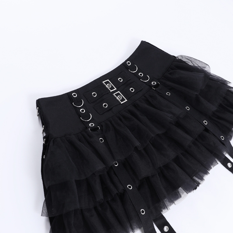 Gothic Punk Layered Tulle Mini Skirt with Studded Straps and Double Buckle Waist – Dark Aesthetic Black Ruffle Skirt for Women, Harajuku Emo Y2K Style