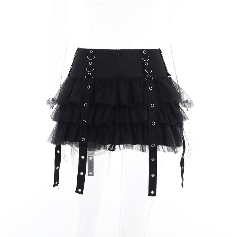 Gothic Punk Layered Tulle Mini Skirt with Studded Straps and Double Buckle Waist – Dark Aesthetic Black Ruffle Skirt for Women, Harajuku Emo Y2K Style