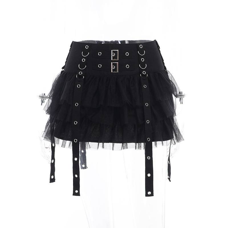 Gothic Punk Layered Tulle Mini Skirt with Studded Straps and Double Buckle Waist – Dark Aesthetic Black Ruffle Skirt for Women, Harajuku Emo Y2K Style