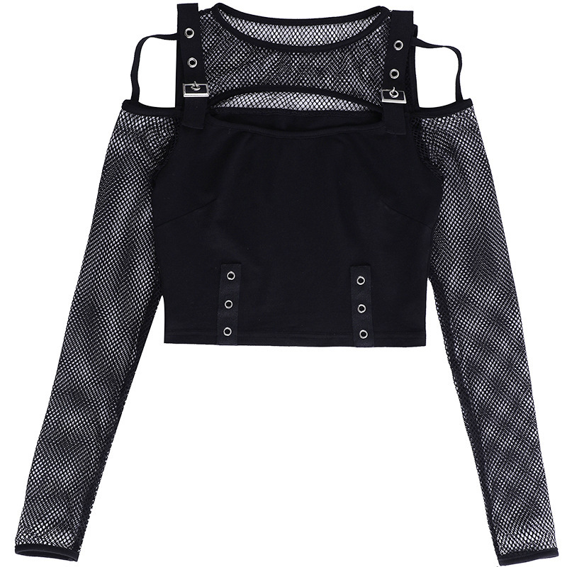 Gothic Cold Shoulder Mesh Sleeve Crop Top for Women – Y2K Punk Fishnet Long Sleeve Black Shirt with Buckle and Grommet Details