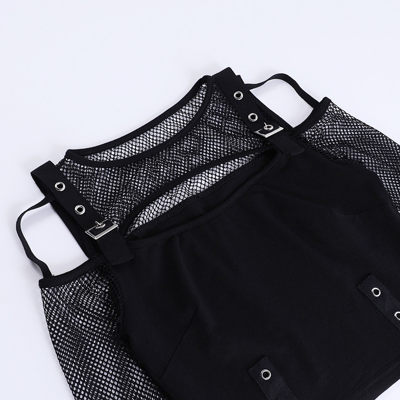 Gothic Cold Shoulder Mesh Sleeve Crop Top for Women – Y2K Punk Fishnet Long Sleeve Black Shirt with Buckle and Grommet Details