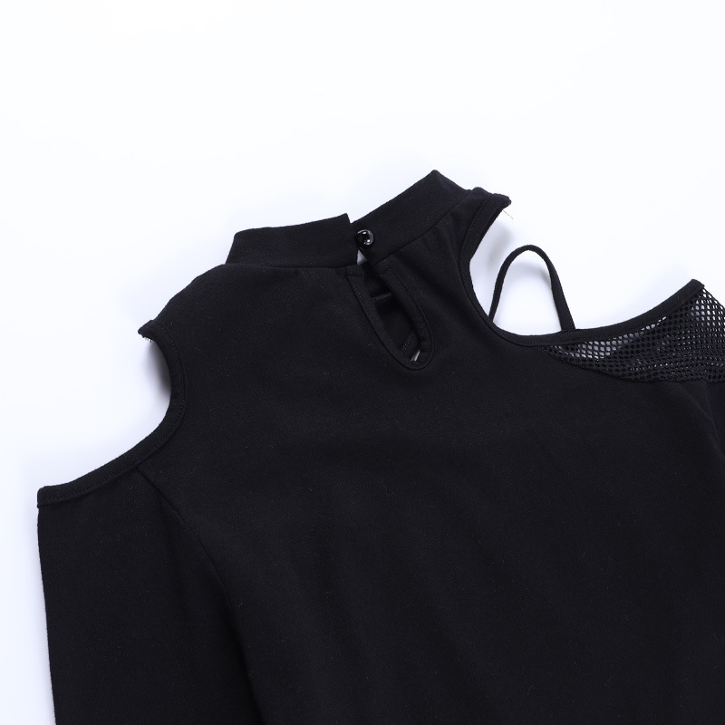 Gothic Asymmetrical Cold Shoulder Mesh Patchwork Long Sleeve Top with Metal Ring Detail – Y2K Punk Style