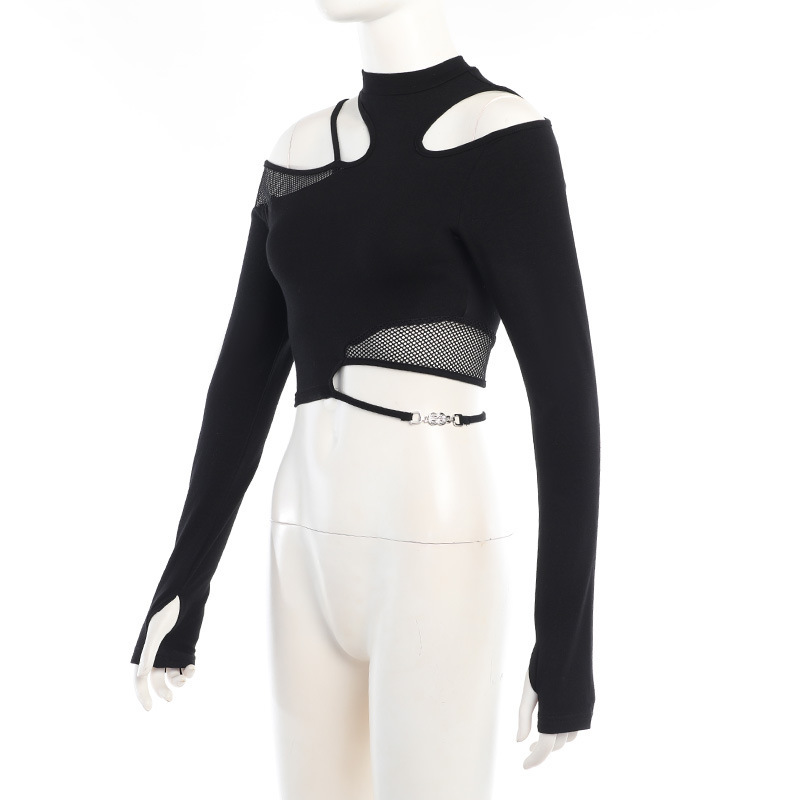 Gothic Asymmetrical Cold Shoulder Mesh Patchwork Long Sleeve Top with Metal Ring Detail – Y2K Punk Style