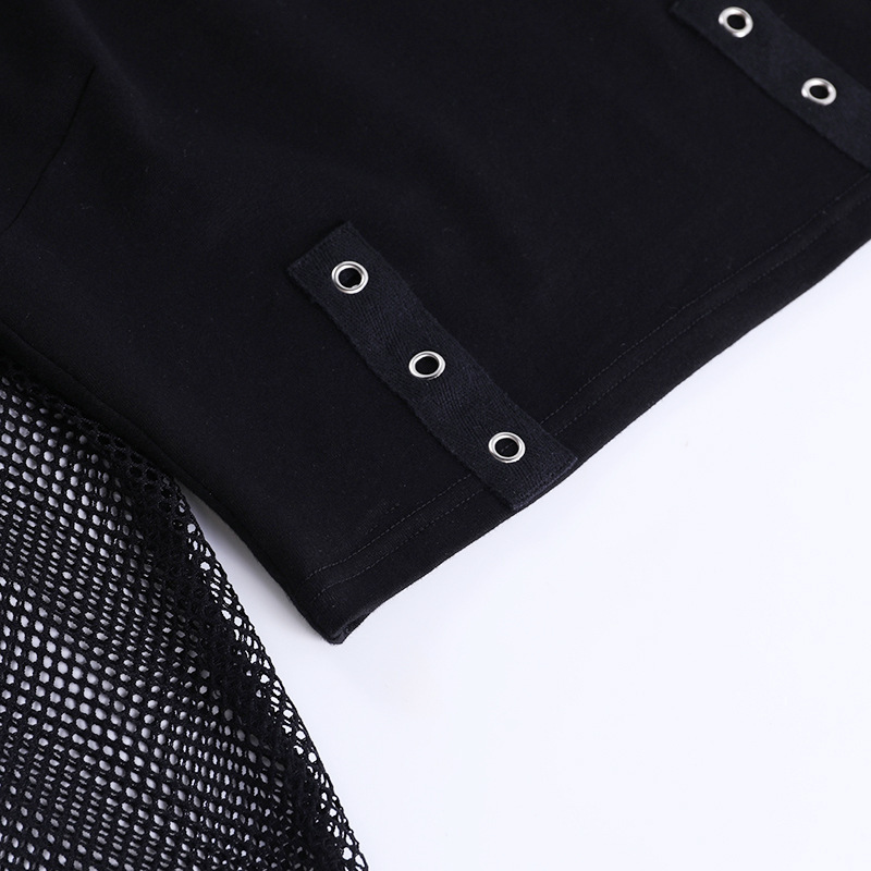 Gothic Cold Shoulder Mesh Sleeve Crop Top for Women – Y2K Punk Fishnet Long Sleeve Black Shirt with Buckle and Grommet Details