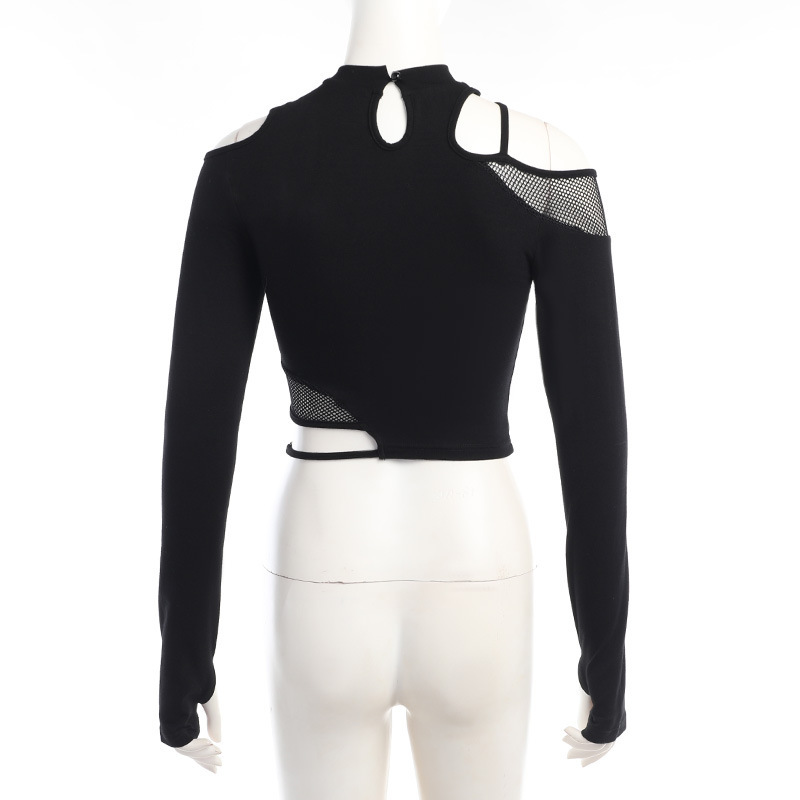 Gothic Asymmetrical Cold Shoulder Mesh Patchwork Long Sleeve Top with Metal Ring Detail – Y2K Punk Style