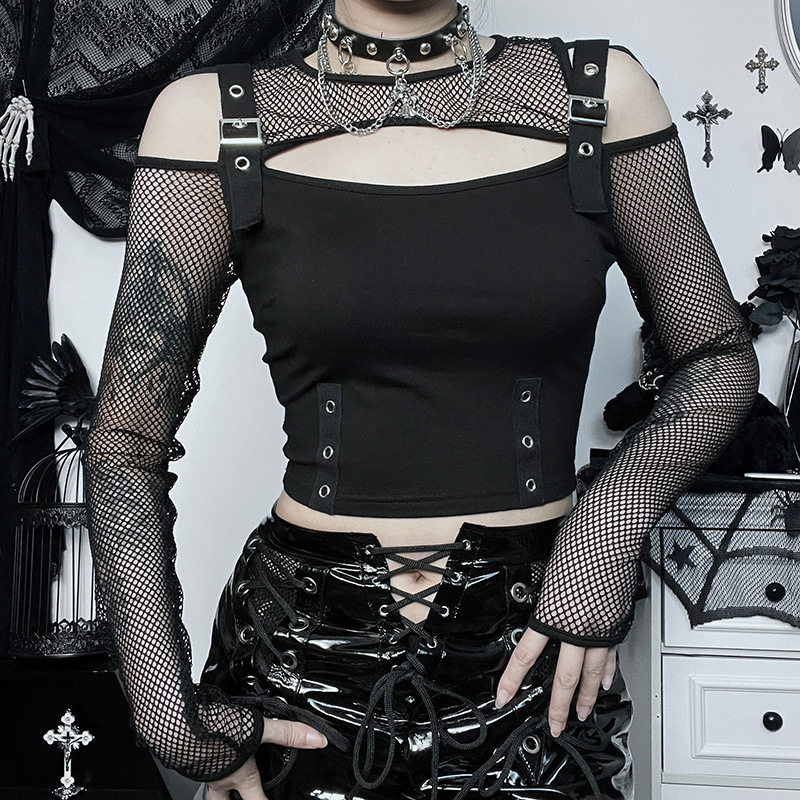 Gothic Cold Shoulder Mesh Sleeve Crop Top for Women – Y2K Punk Fishnet Long Sleeve Black Shirt with Buckle and Grommet Details