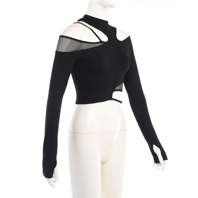 Gothic Asymmetrical Cold Shoulder Mesh Patchwork Long Sleeve Top with Metal Ring Detail – Y2K Punk Style