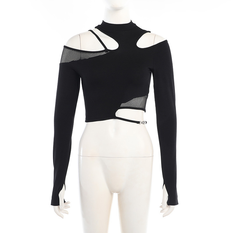 Gothic Asymmetrical Cold Shoulder Mesh Patchwork Long Sleeve Top with Metal Ring Detail – Y2K Punk Style