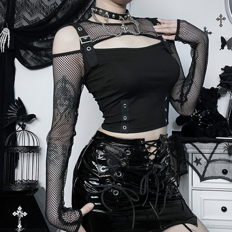 Gothic Cold Shoulder Mesh Sleeve Crop Top for Women – Y2K Punk Fishnet Long Sleeve Black Shirt with Buckle and Grommet Details