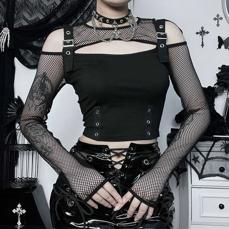 Gothic Cold Shoulder Mesh Sleeve Crop Top for Women – Y2K Punk Fishnet Long Sleeve Black Shirt with Buckle and Grommet Details