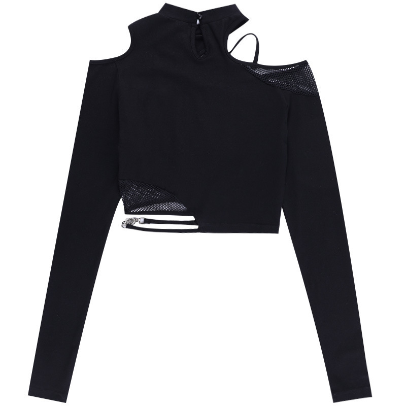 Gothic Asymmetrical Cold Shoulder Mesh Patchwork Long Sleeve Top with Metal Ring Detail – Y2K Punk Style