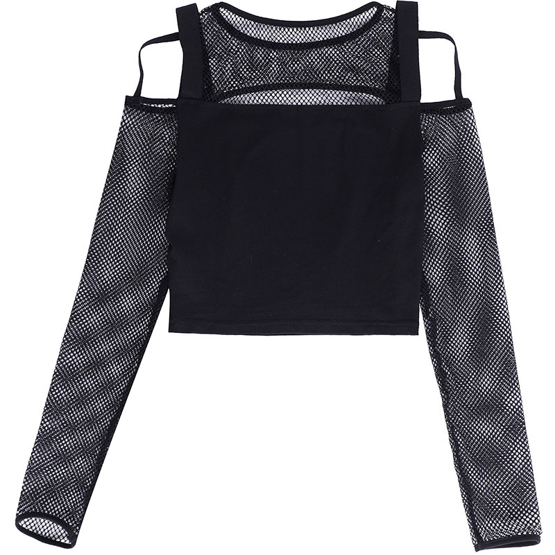 Gothic Cold Shoulder Mesh Sleeve Crop Top for Women – Y2K Punk Fishnet Long Sleeve Black Shirt with Buckle and Grommet Details